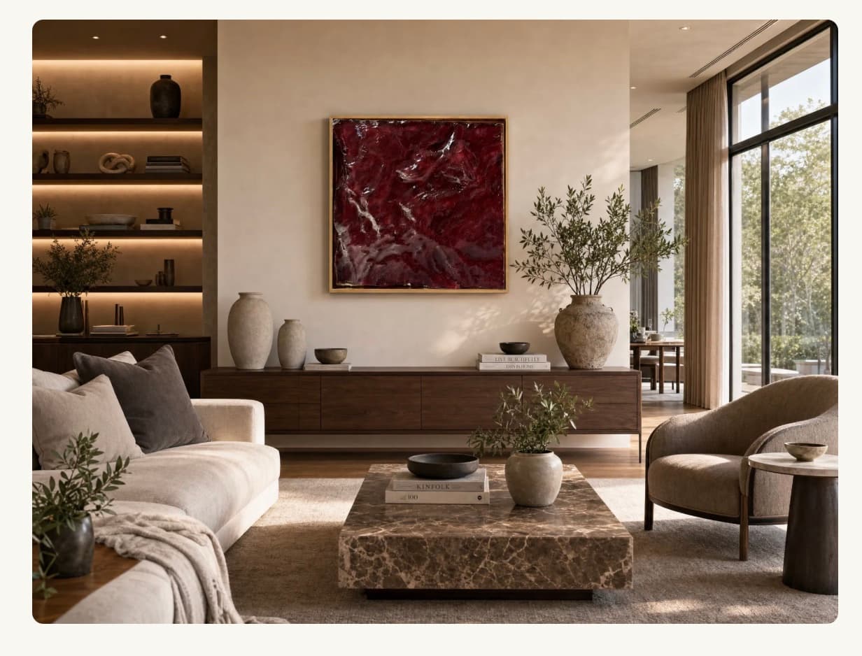 Custom resin art commission displayed in a luxury living space