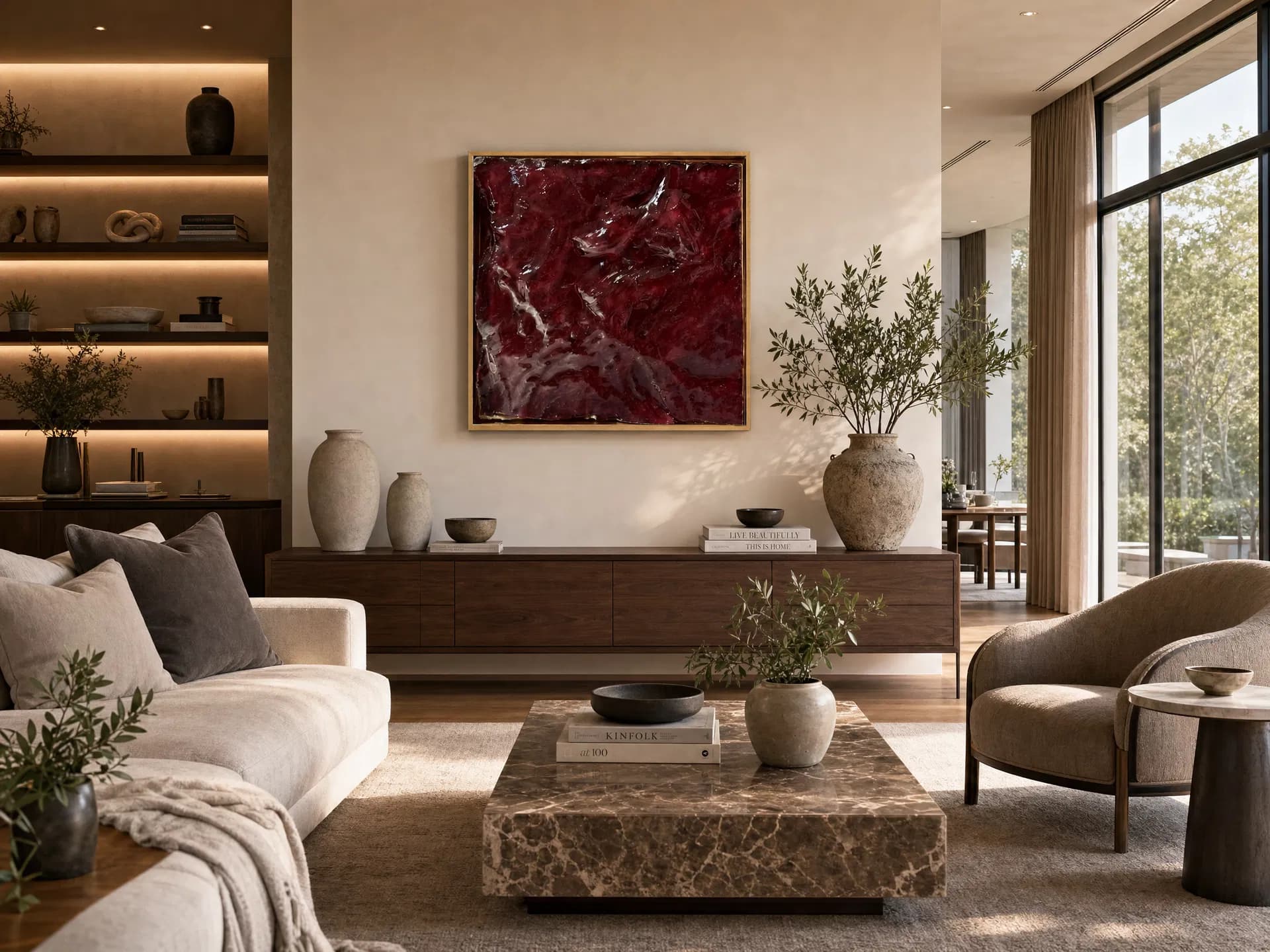Crimson resin art in a luxury living room