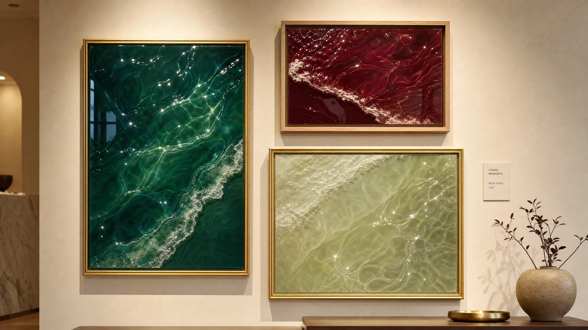 Gallery wall with multiple resin art pieces